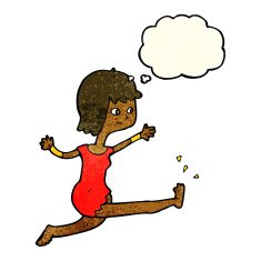 cartoon happy woman kicking with thought bubble N4