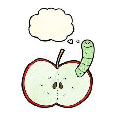 cartoon apple with worm thought bubble N18