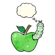 cartoon apple with bug thought bubble N10