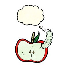 cartoon apple with bug thought bubble N12