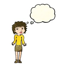 cartoon woman shrugging shoulders with thought bubble N197
