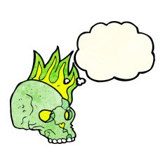 cartoon spooky skull with thought bubble N59