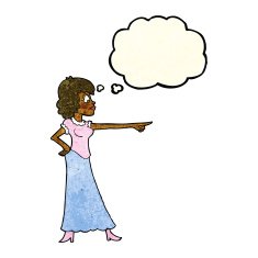 cartoon woman pointing finger with thought bubble N4