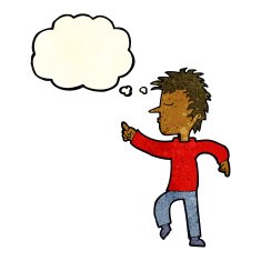 cartoon man pointing with thought bubble N79