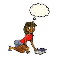 cartoon girl picking up book with thought bubble N3