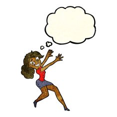 cartoon happy woman jumping with thought bubble N4