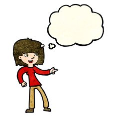 cartoon girl pointing with thought bubble N12