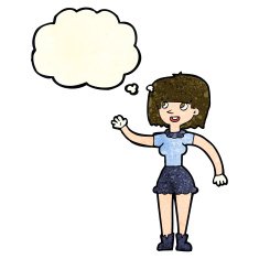 cartoon girl waving with thought bubble N12