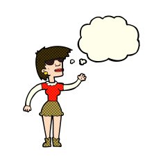 cartoon woman in spectacles waving with thought bubble N5
