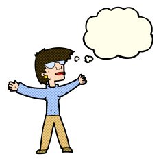 cartoon woman wearing glasses with thought bubble N9