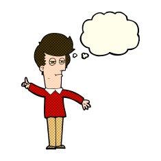 cartoon man narrowing eyes with thought bubble N17