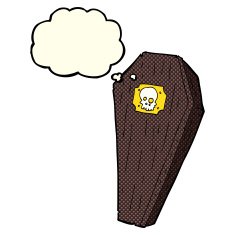 spooky cartoon coffin with thought bubble N7