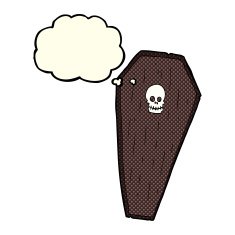 spooky cartoon coffin with thought bubble N8