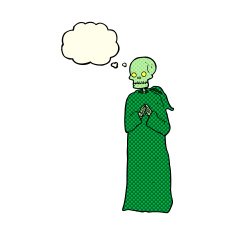 cartoon skeleton in black robe with thought bubble N3