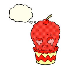 spooky skull cupcake cartoon with thought bubble N5