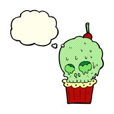 cartoon spooky skull cupcake with thought bubble N5