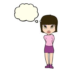 cartoon woman standing with thought bubble N9