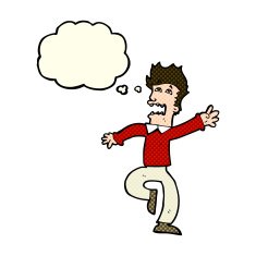 cartoon man panicking with thought bubble N22