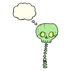 cartoon spooky skull and spine with thought bubble N5