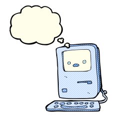 cartoon old computer with thought bubble N7
