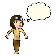 cartoon woman wearing goggles with thought bubble N5