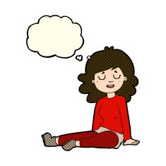 cartoon happy woman sitting on floor with thought bubble N9