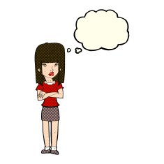 cartoon woman standing with thought bubble N10
