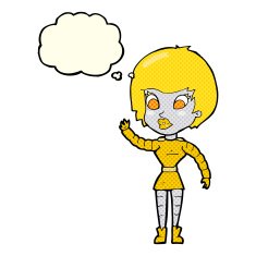 cartoon robot woman waving with thought bubble N8