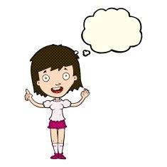 cartoon woman pointing with thought bubble N89
