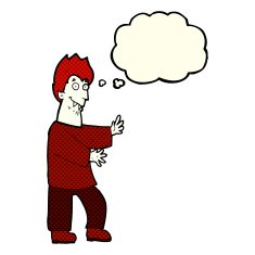 cartoon vampire waving hands with thought bubble N5