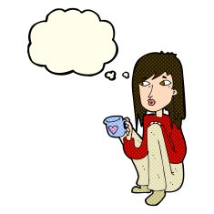 cartoon woman sitting with cup of coffee thought bubble N5