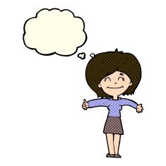 cartoon woman giving thumbs up sign with thought bubble N5