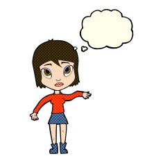 cartoon woman waving hand with thought bubble N5
