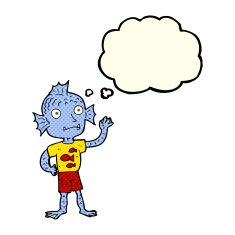 cartoon waving fish boy with thought bubble N5