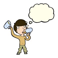 cartoon man drinking beer with thought bubble N5