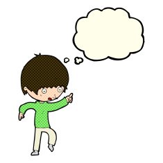 cartoon worried boy pointing with thought bubble N5