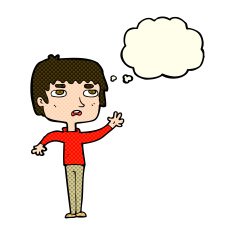 cartoon unhappy boy waving with thought bubble N3