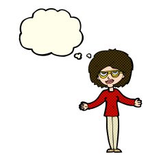 cartoon woman wearing spectacles with thought bubble N18
