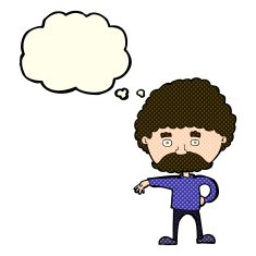 cartoon man with mustache making camp gesture thought bubbl N5
