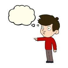 cartoon pointing boy with thought bubble N14
