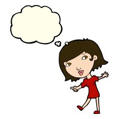 cartoon happy girl gesturing to follow with thought bubble N5