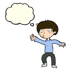 cartoon boy waving warning with thought bubble N5