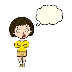 cartoon woman making Who Me? gesture with thought bubble N19