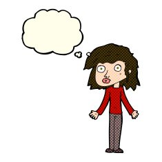cartoon girl shrugging shoulders with thought bubble N13