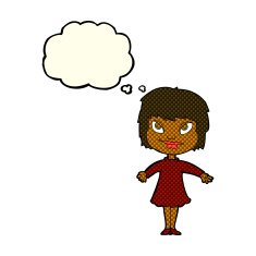 cartoon girl shrugging shoulders with thought bubble N14