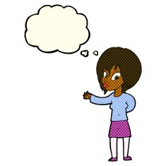 cartoon woman making welcome gesture with thought bubble N5
