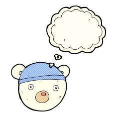 cartoon polar bear cub wearing hat with thought bubble N3