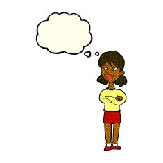 cartoon smug woman with thought bubble N9