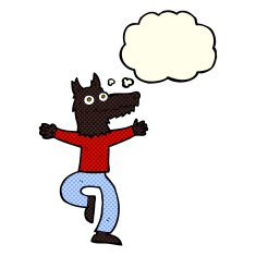 cartoon wolf man with thought bubble N17