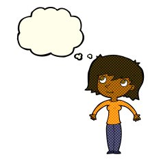 cartoon woman shrugging with thought bubble N27